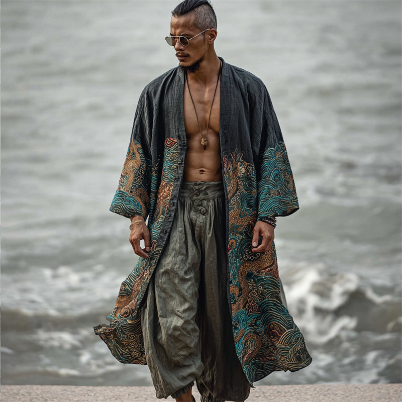 Men's Japanese Dragons Sea Waves Art Linen Long Kimono