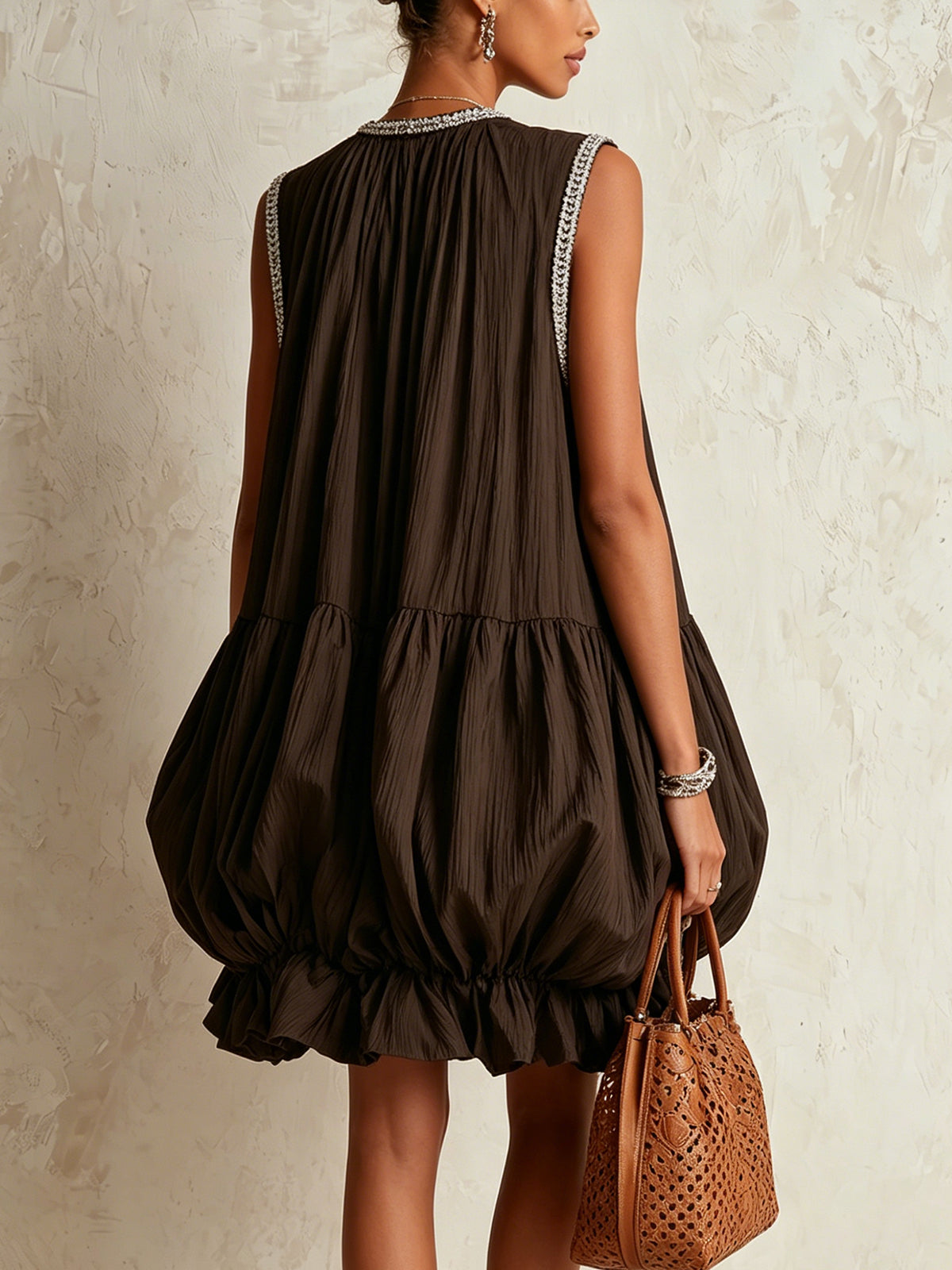 Brown Sleeveless Bubble Hem Mini Dress