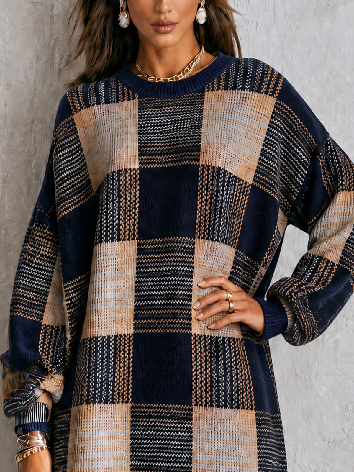 Plaid Oversized Sweater Dress Long Sleeve Crew Neck Knit Mini Dress