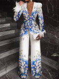 Fashion V-Neck Floral Printed Feathers Loose Straight Leg Jumpsuits