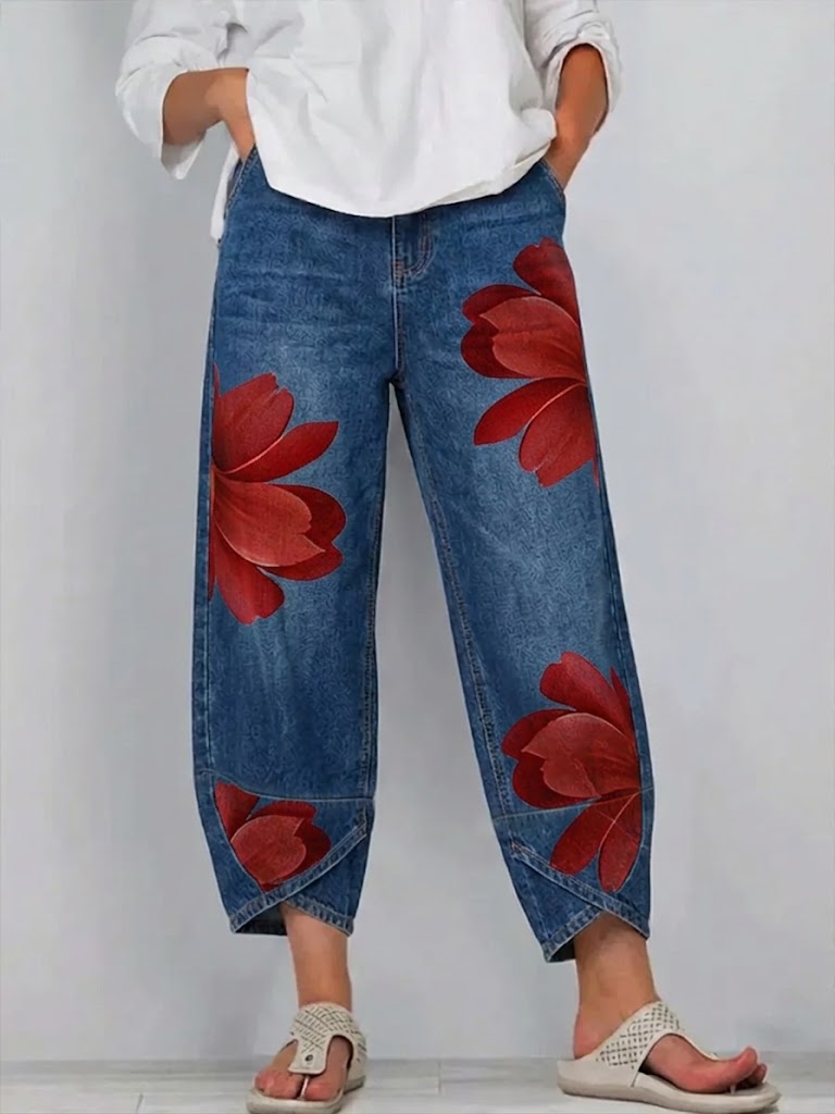 Casual Red Artistic Brushstroke Print Jeans