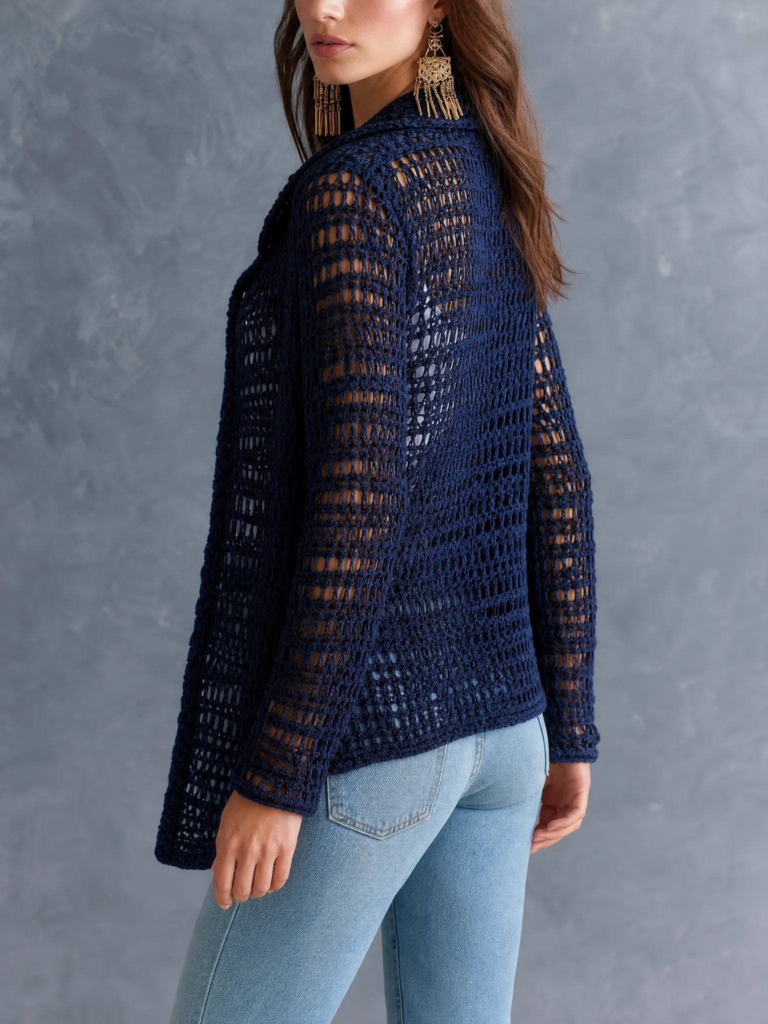 Coastal Boho Open-Knit Long-Sleeve Hollow-Out Dark Blue Duster Cardigan