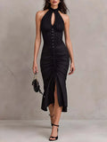 Vintage Lace-Trimmed Halter-Neck Ruched Midi Dress