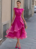 Layered Organza Cap Sleeve A-Line Midi Dress