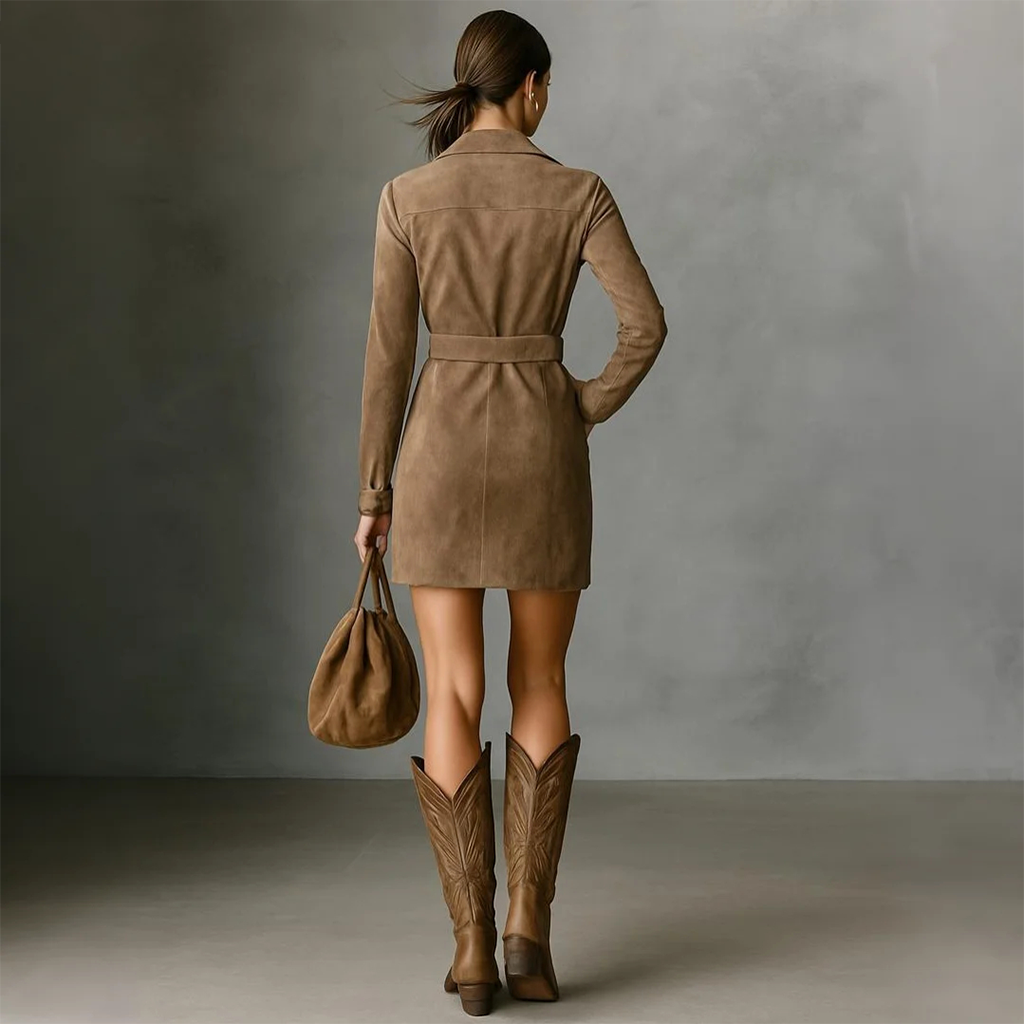 Women's Vintage Elegant Brown Suede Dress