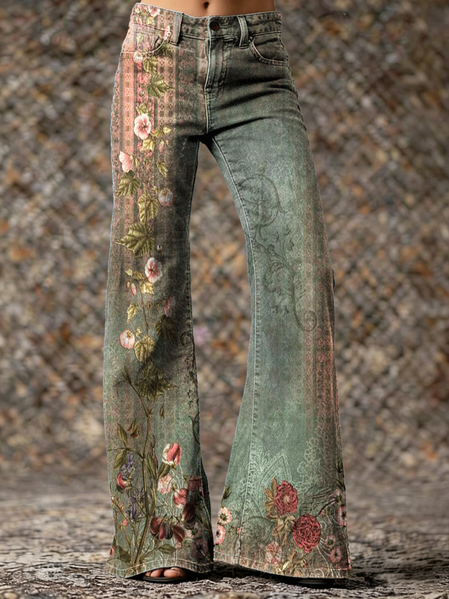 Women's Retro Bohemian Floral Art Print Casual Washed Pants