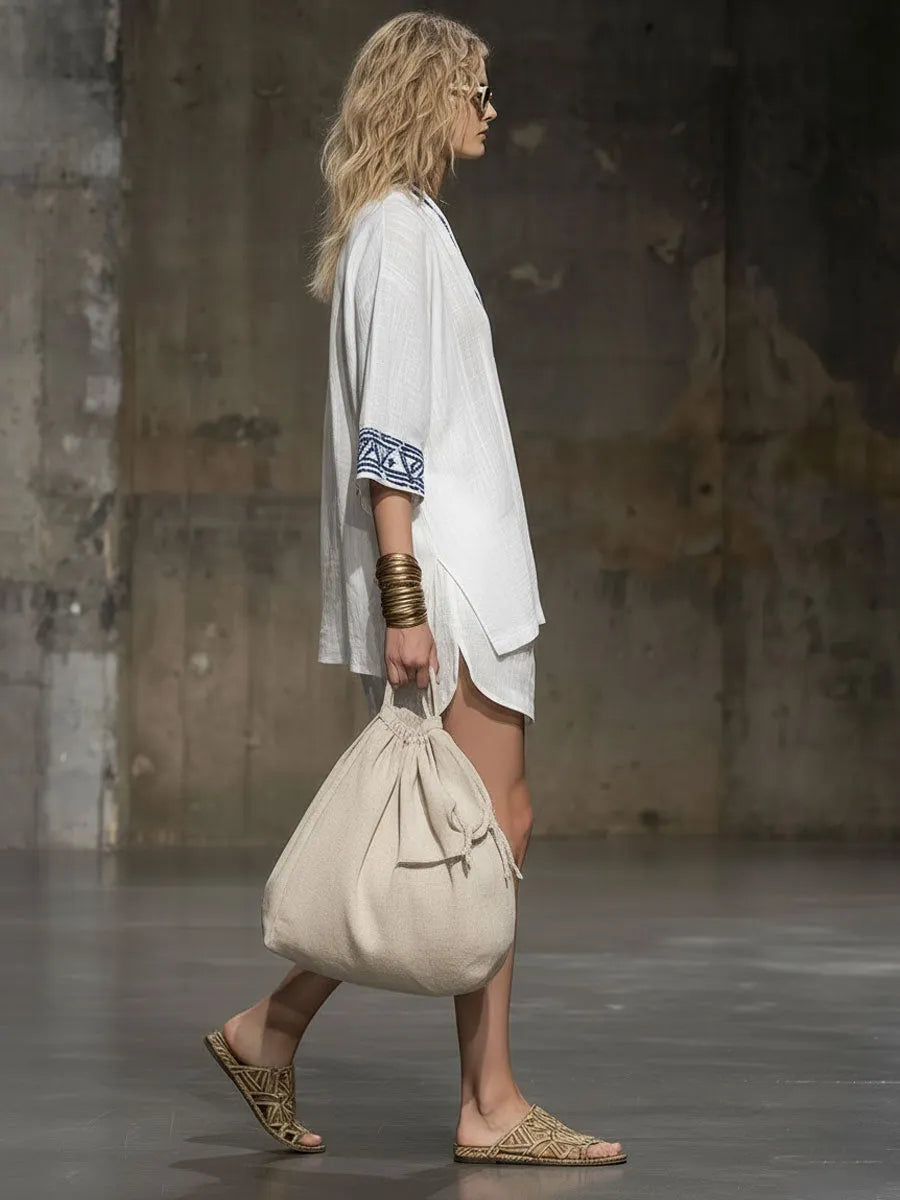 Bohemian Embroidered White Cotton And Linen Short-sleeved Shirt And Shorts Set