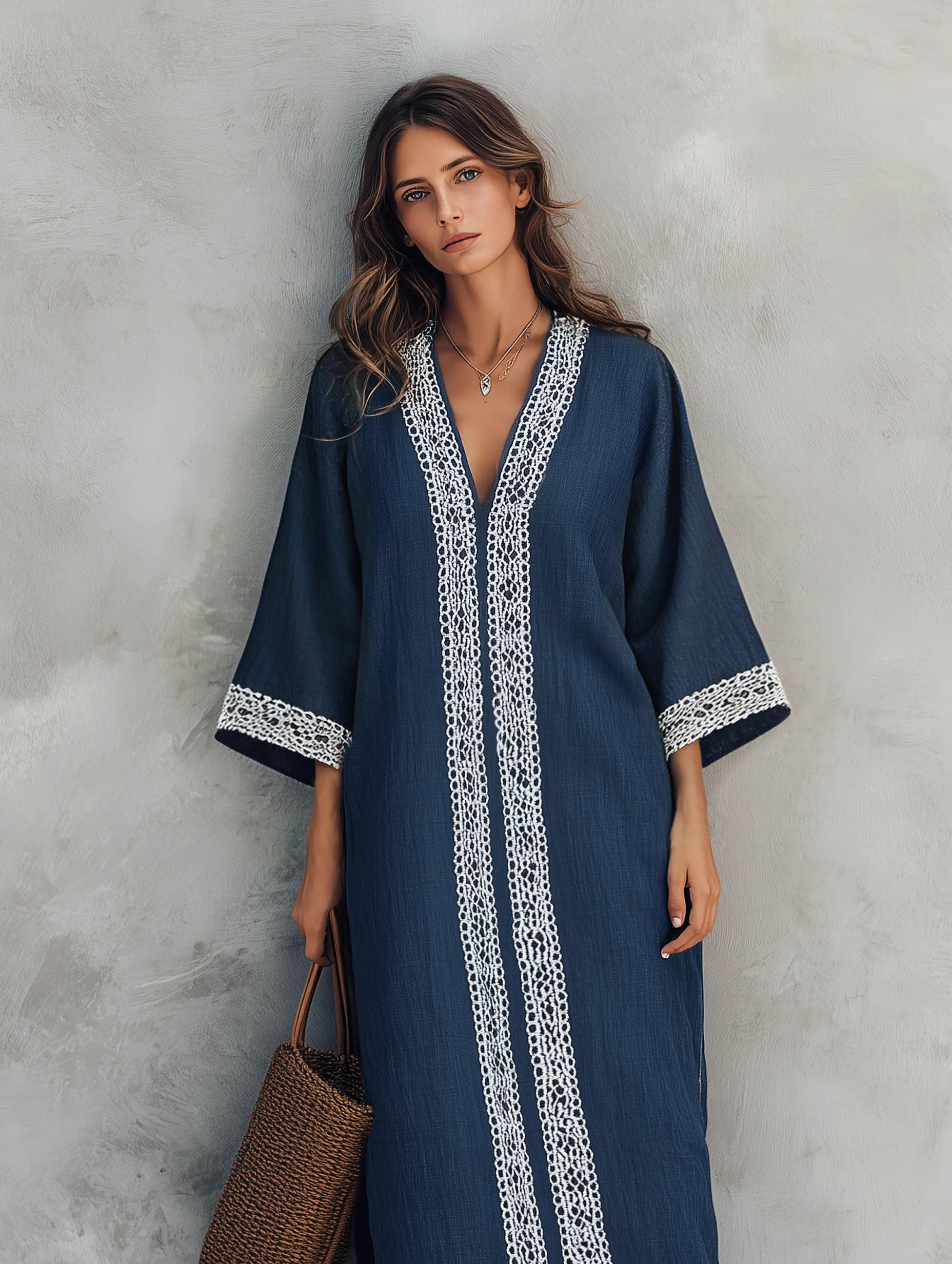 Women's Casual Navy Blue Cotton-Linen V-Neck Maxi Dress With Three-Quarter Sleeves MDZ2332G1LXY