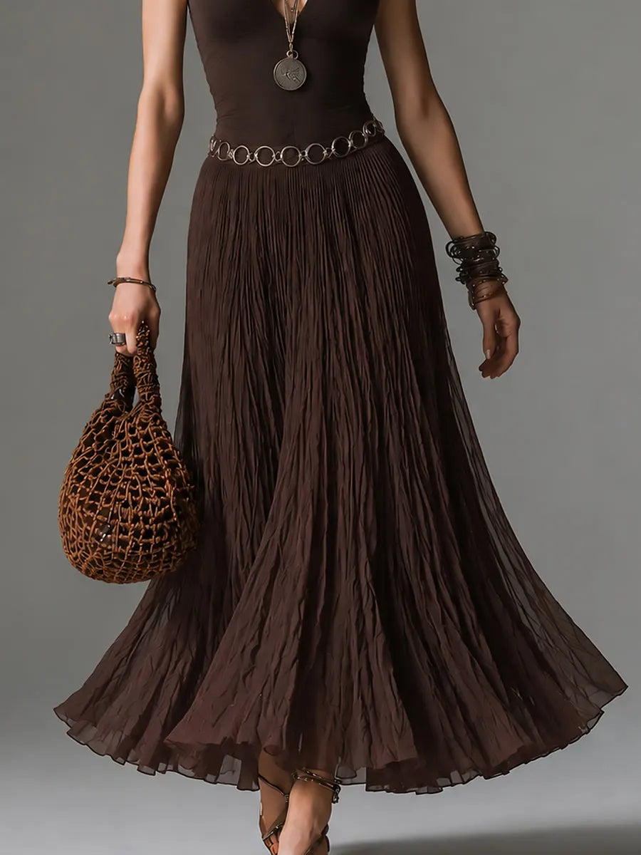 Boho Halter-neck Pleated Chiffon Maxi Dress With Belt