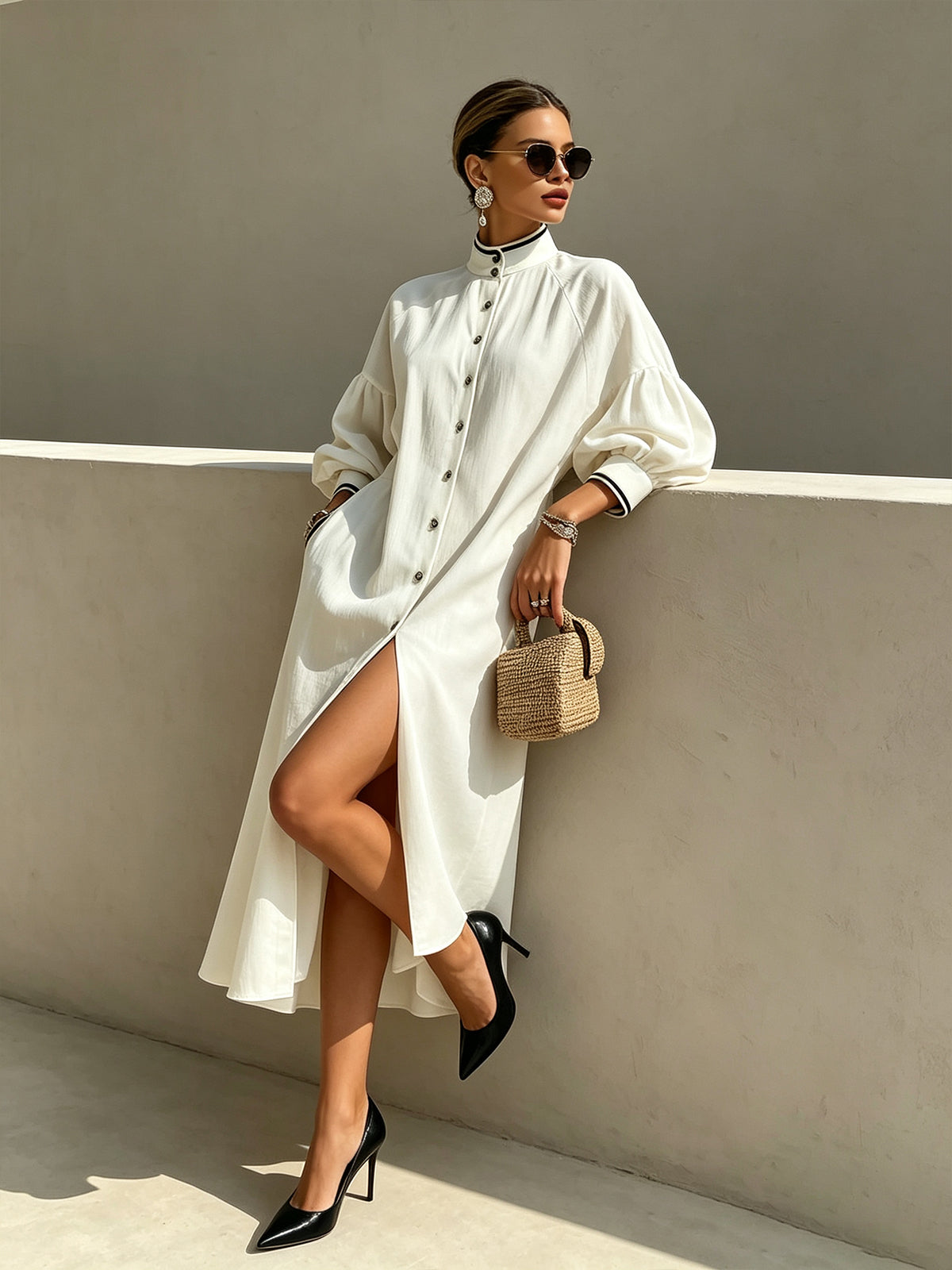 Ivory Contrast-Trim Lantern Sleeve Button-Front Midi Dress