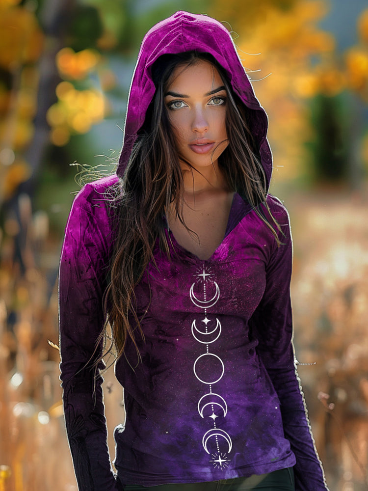 Women's Star Moon Design Gradient Print Hoodie