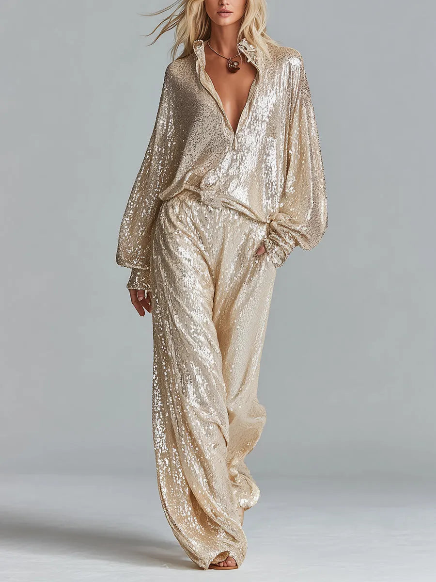 Women's Gold Glamorous Sequin Collared Half - Zip Wide - Leg Loungewear Party Set MDA2425I0I