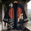 Japanese Pine Trees Crane Art Linen Blend Kimono Cardigan