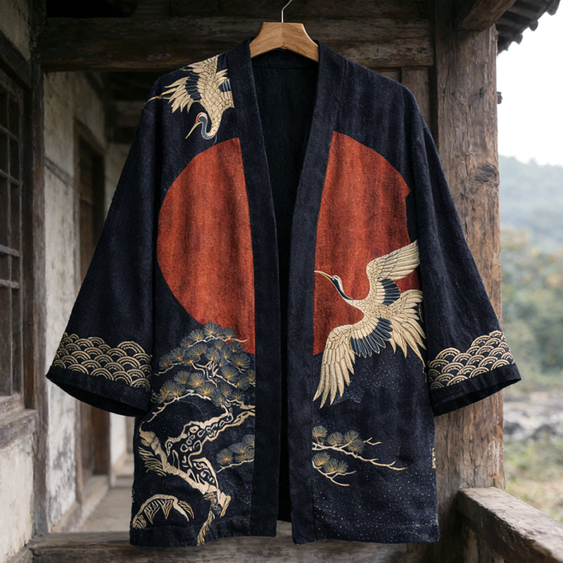 Japanese Pine Trees Crane Art Linen Blend Kimono Cardigan