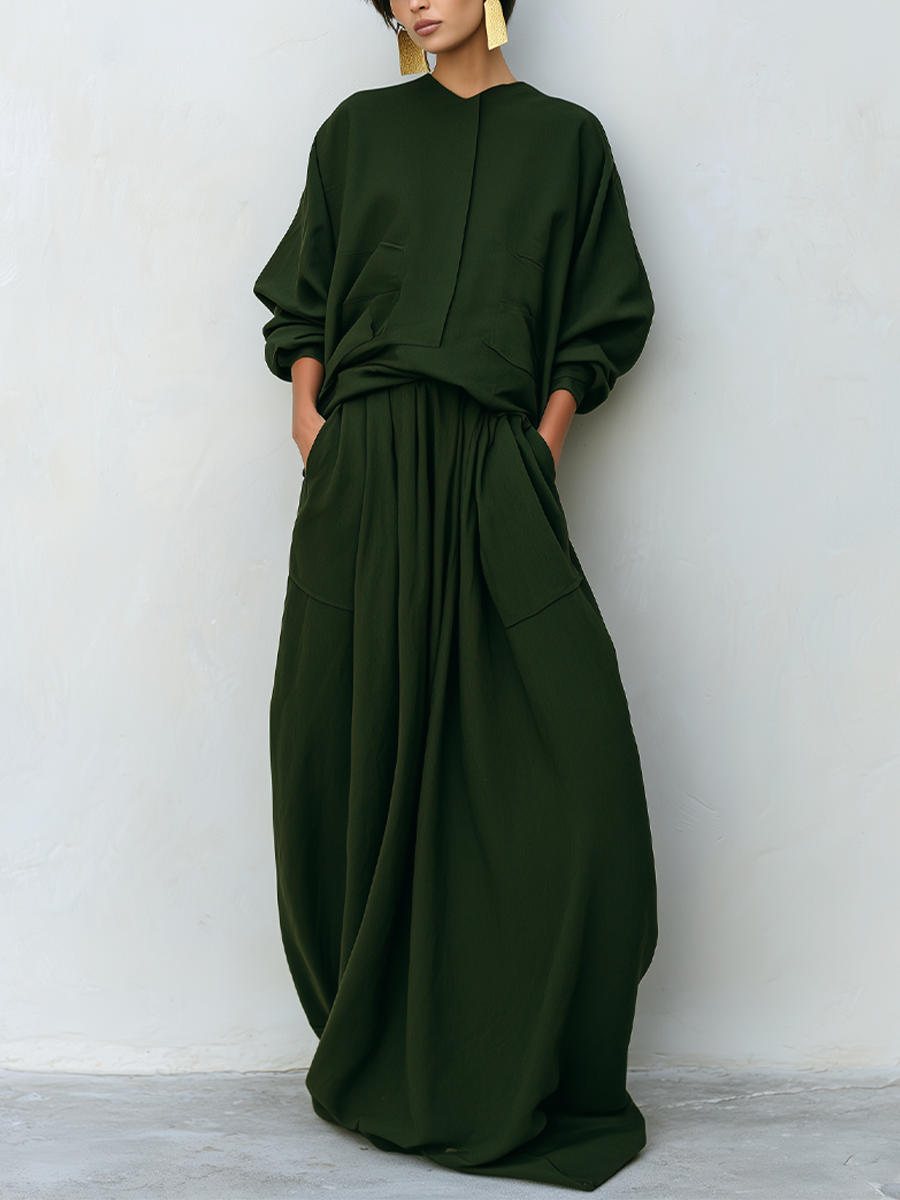 Women's Dark Olive Woven Two-Piece Set With Stand Collar Pocket Blouse & Oversized Drawstring Maxi Skirt, Minimalist Loose Resort Matching Outfit MDZ0781G6LYL