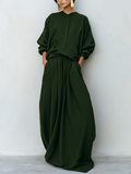 Women's Dark Olive Woven Two-Piece Set With Stand Collar Pocket Blouse & Oversized Drawstring Maxi Skirt, Minimalist Loose Resort Matching Outfit MDZ0781G6LYL