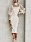 Ivory Velvet Mesh Sleeve Mock Neck Midi Dress