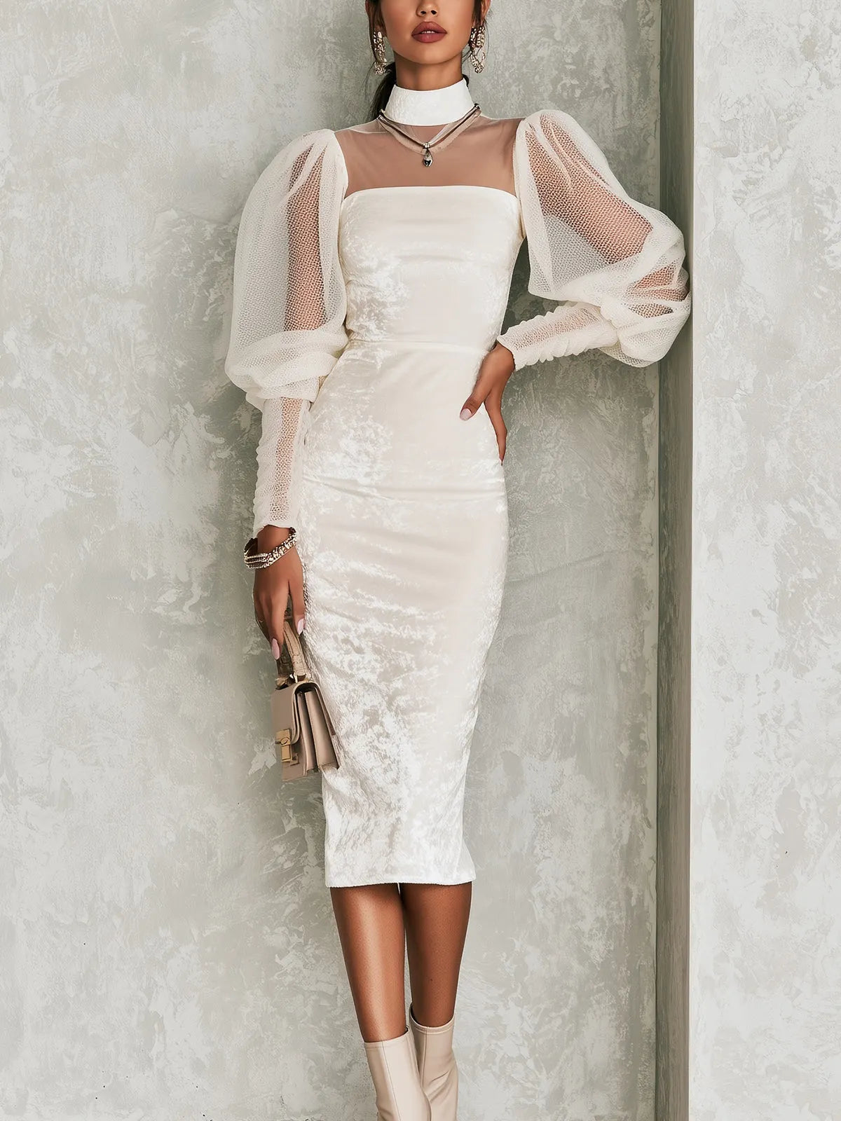 Ivory Velvet Mesh Sleeve Mock Neck Midi Dress