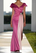 Wedding Guest Satin Pink Dress Short Sleeve Pink Maxi Dress