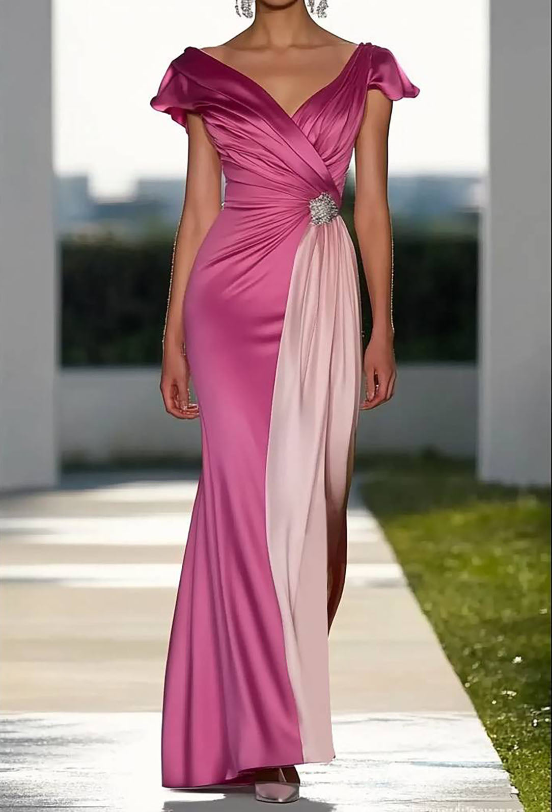 Wedding Guest Satin Pink Dress Short Sleeve Pink Maxi Dress