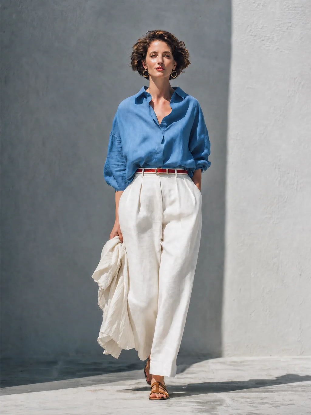 Women's Casual Linen Blend Two-Piece Set — Dusty Blue Oversized Collared Long Sleeve Shirt & Ivory High-Waisted Wide-Leg Trousers MDZ0345G8O