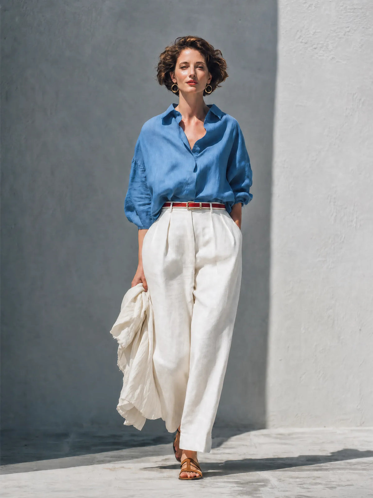 Women's Casual Linen Blend Two-Piece Set — Dusty Blue Oversized Collared Long Sleeve Shirt & Ivory High-Waisted Wide-Leg Trousers MDZ0345G8O