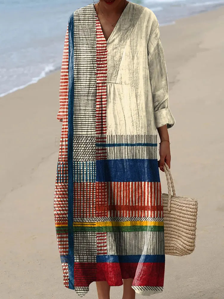 Women's Vintage Geometric Line Art Print Cotton Dress