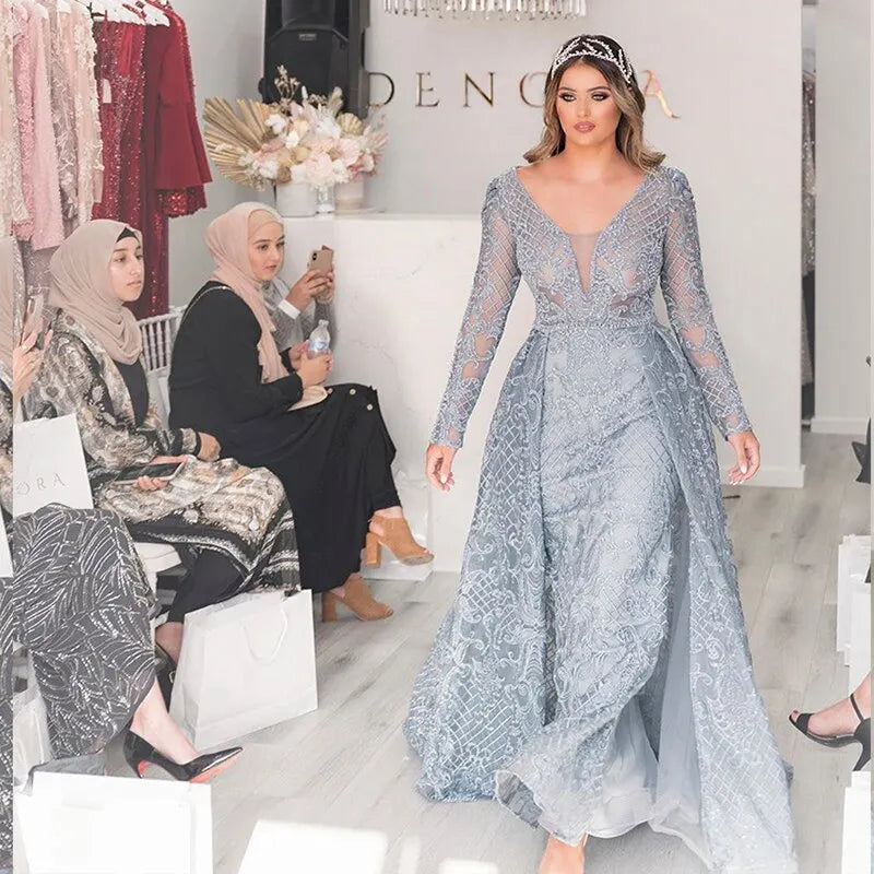 Dreamy Vow Luxury Pink Overskirt Arabic Muslim Dubai Evening Dress for Women Wedding Party Plus Size Blue Formal Gowns 062