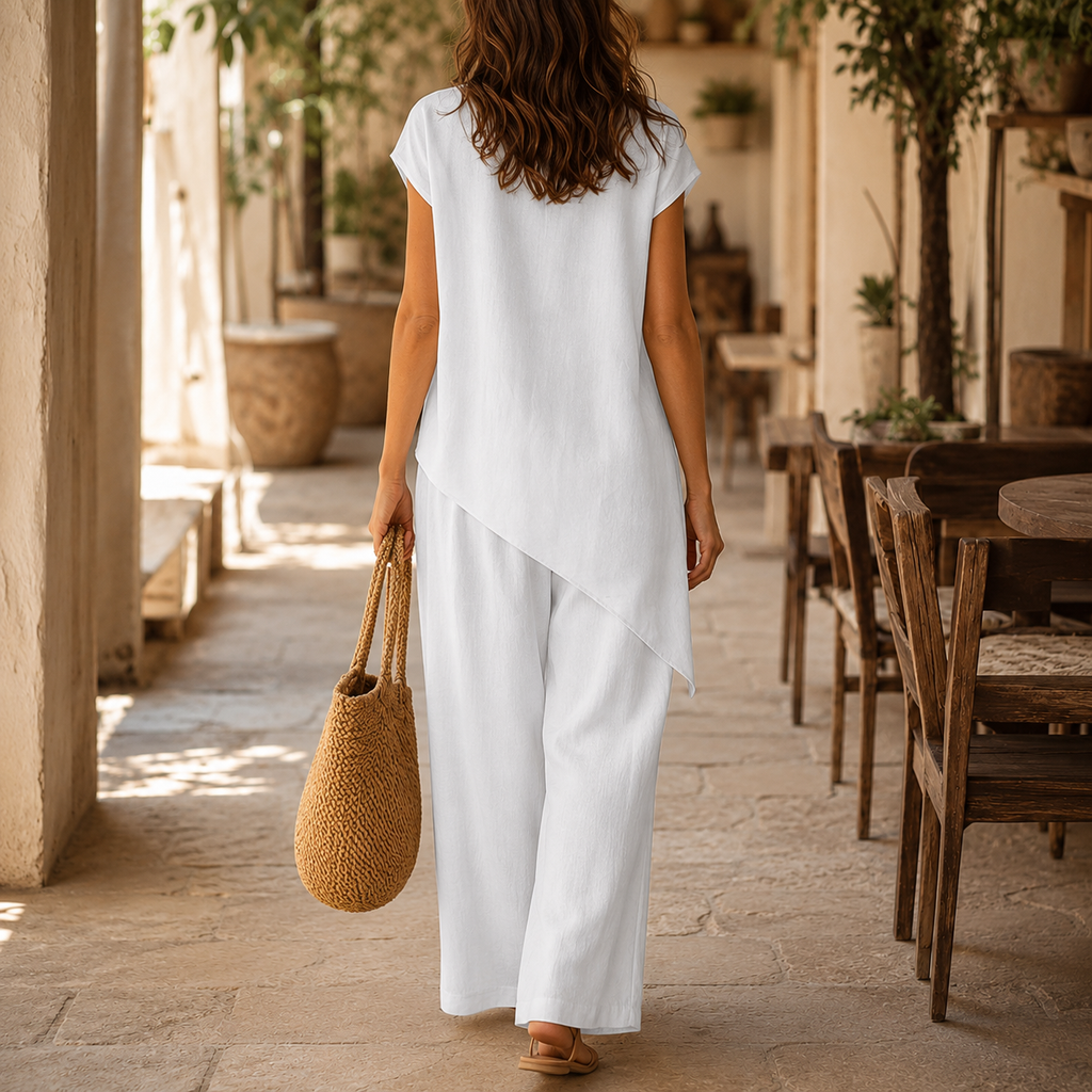 Elovena – Asymmetric Hem Matching Set with Wide-Leg Pants