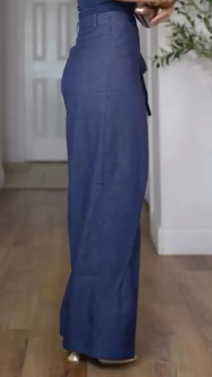 Wrap Overlay Tie‑Waist Wide Leg Pants