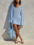 Women's Casual Blue Long-sleeve Knit Mini Dress With A V-neck And Cut-out Details MDZ0656G1LXY