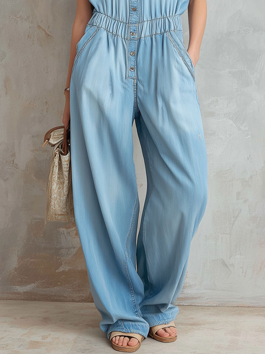 Collared Multi-pocket Sleeveless Denim Jumpsuit