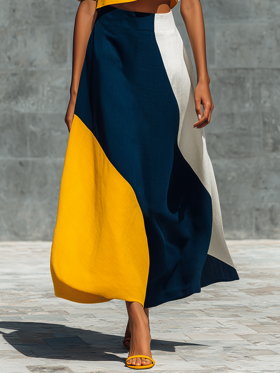 Women’s Color Block Linen Round Neck Puff Sleeve Crop Top & High Waist Asymmetric Color Block Midi Skirt Two-Piece Matching Set MDZ2654F3T