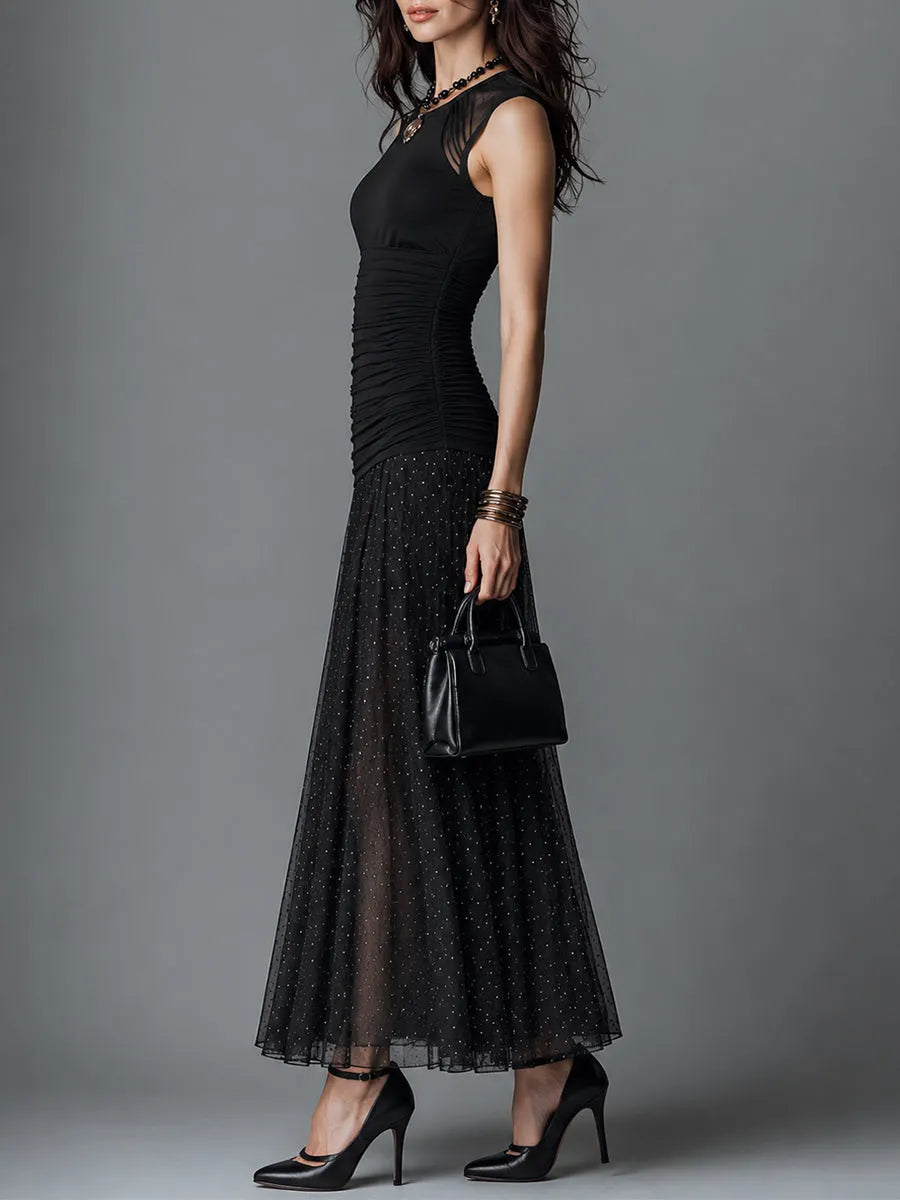 Retro Mesh-Paneled Polka-Dot Pleated Sleeveless Maxi Dress