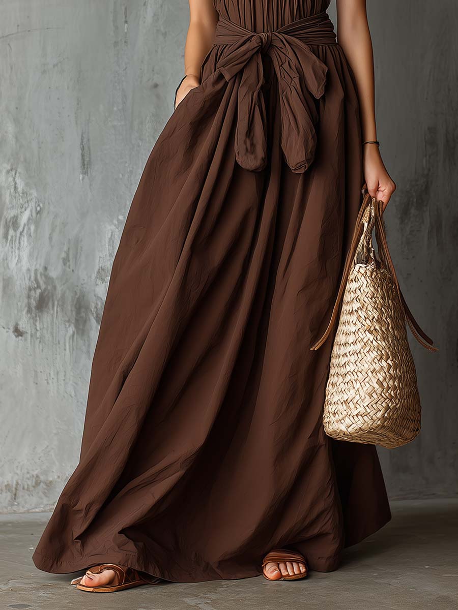 Elegant Retro Vacation-Style Strapless Brown Cotton Maxi Dress
