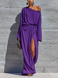 Women’s Elegant Deep Purple Cotton Blend Asym Cold Shoulder Batwing Sleeve Ruched Waist Wrap Over Split Maxi Party Dress MDZ0645G9YZJ