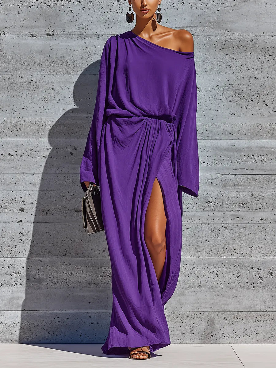 Women’s Elegant Deep Purple Cotton Blend Asym Cold Shoulder Batwing Sleeve Ruched Waist Wrap Over Split Maxi Party Dress MDZ0645G9YZJ