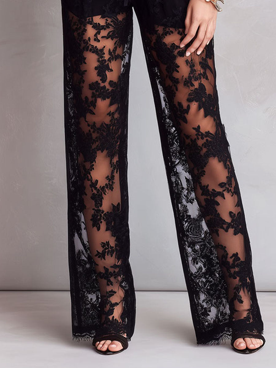 Romantic Boho Black Lace Sheer Tie Waist Wide-Leg Evening Jumpsuit