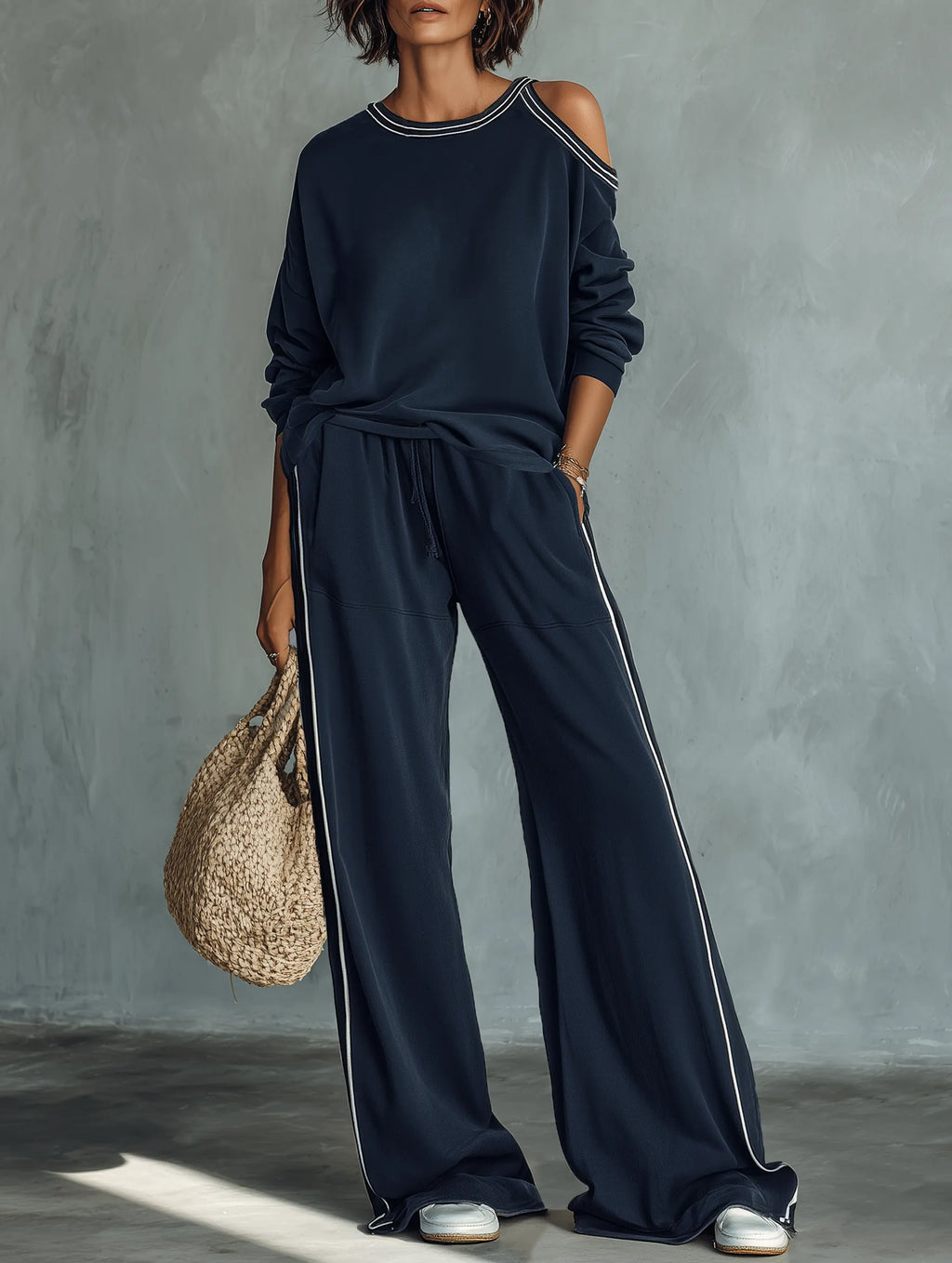Women's Casual One-Shoulder Long-Sleeve Sweatshirt And Wide-Leg Pants Set MDZ3049F9WY