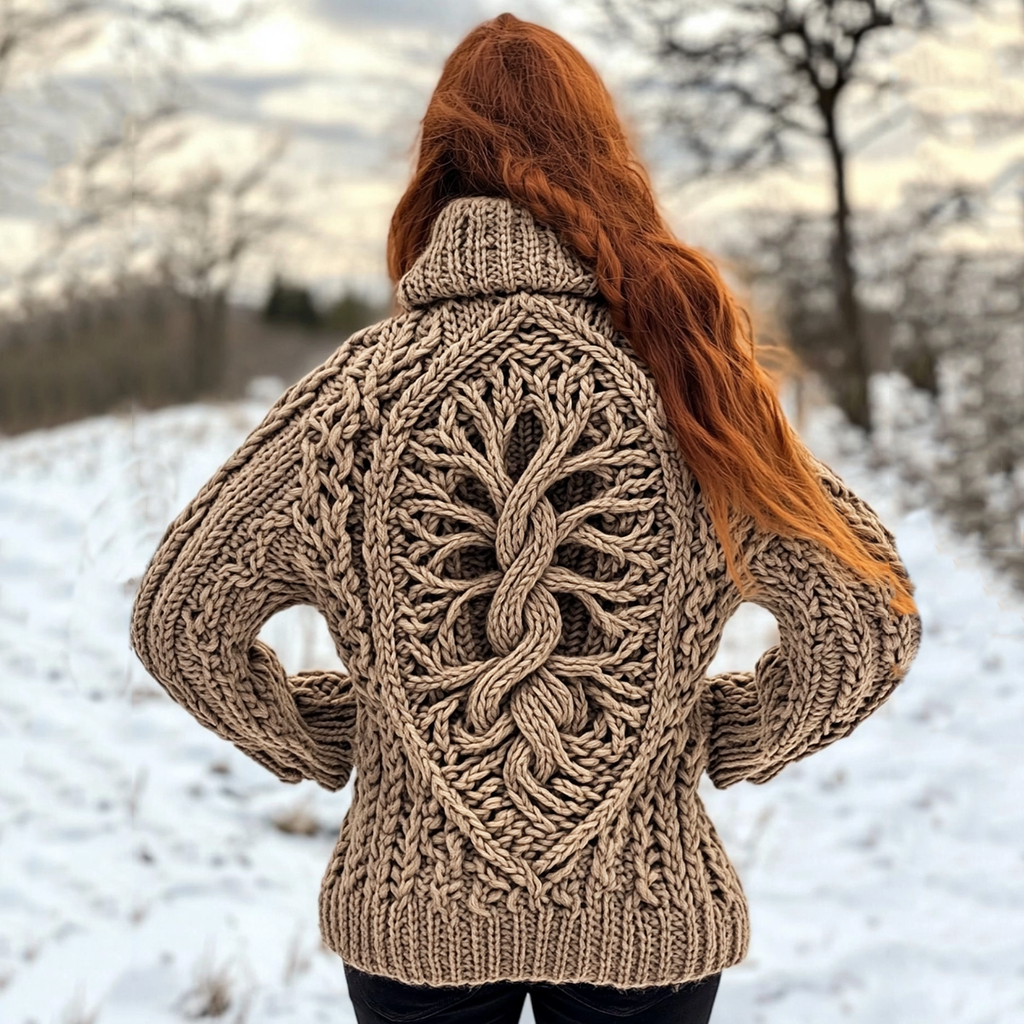 Vintage Viking Tribal Tree Of Life Jacquard Celtic Knit High Neck Hooded Sweater