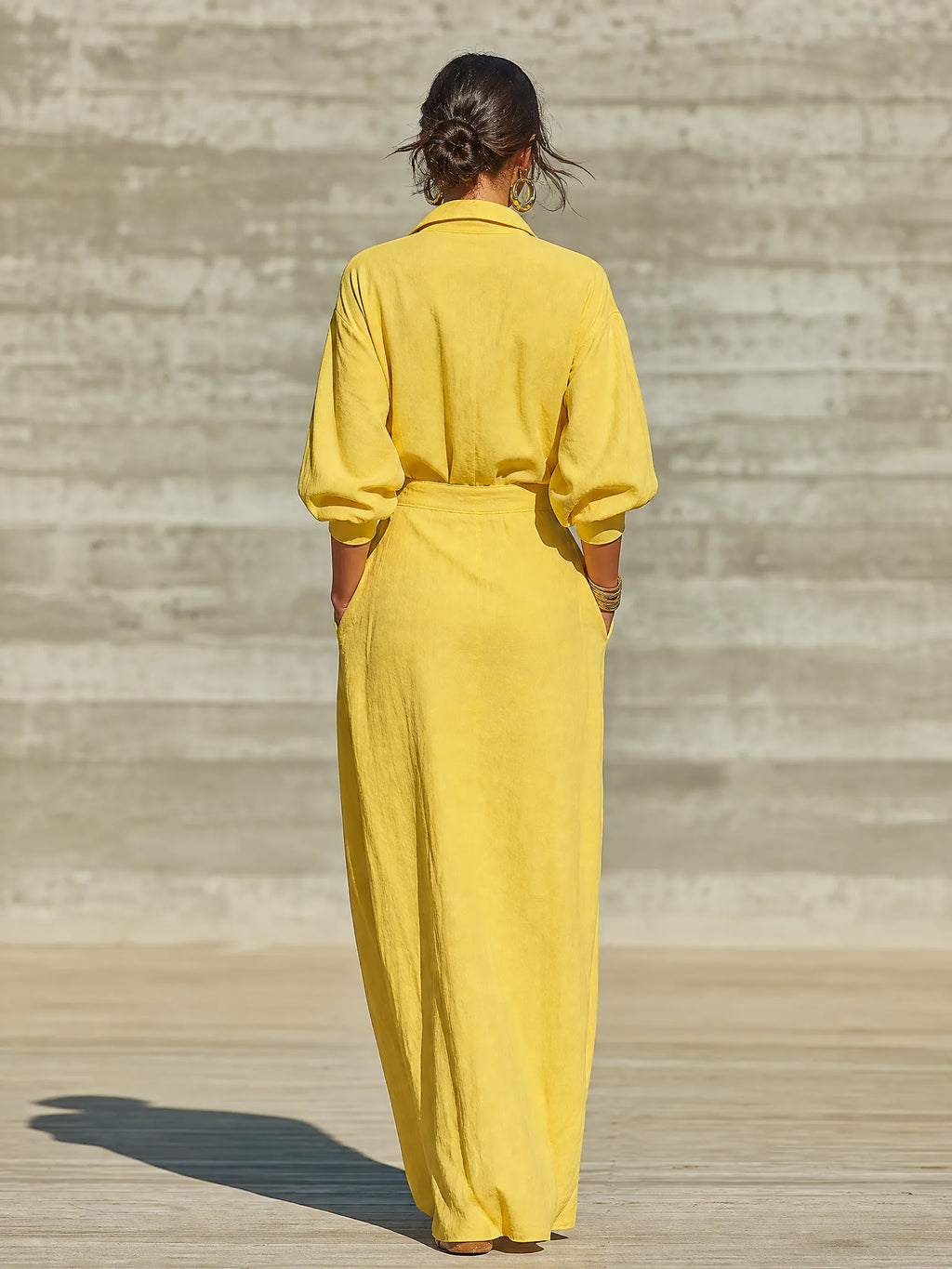 Women's Bright Yellow Linen Blend Shirt Maxi Dress With Lapel Half Button Placket & Puff Three Quarter Sleeves, Casual Resort Loose Floor Length Shirt Dress MDZ2041G4LYL