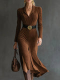 Retro Western Style Lapel Faux Suede Slit Midi Dress(Includes belt)