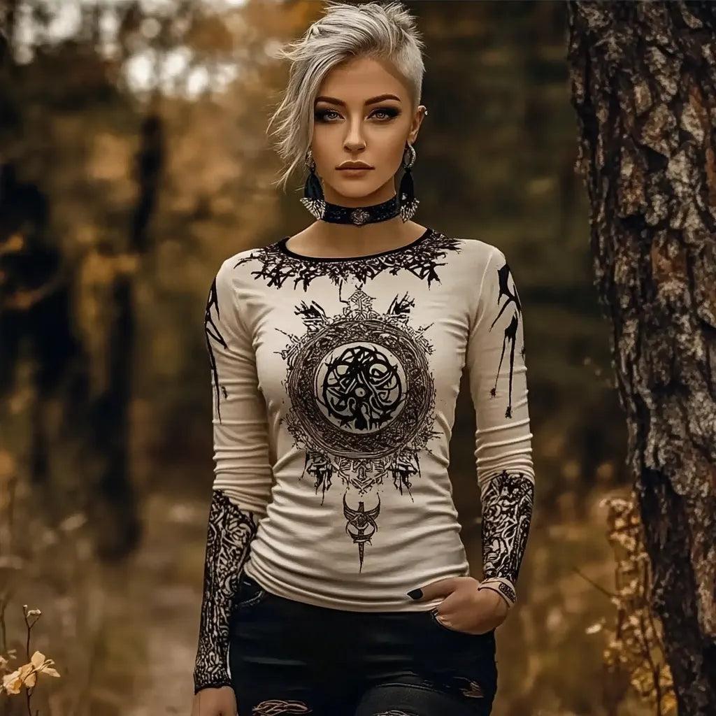 Vintage Viking Rune Print Long Sleeve T-shirt
