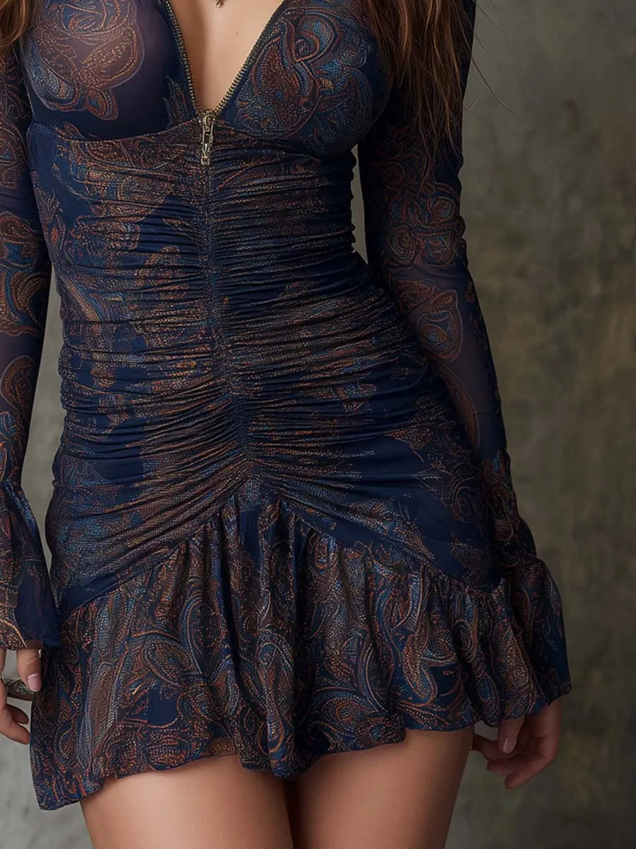 Retro Paisley Printed Mesh Ruched Mini Dress