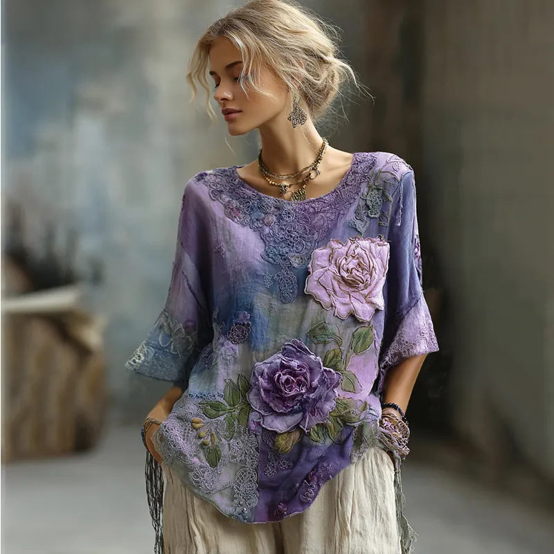 Vintage Bohemian Embroidered Floral Patchwork Linen T-shirt