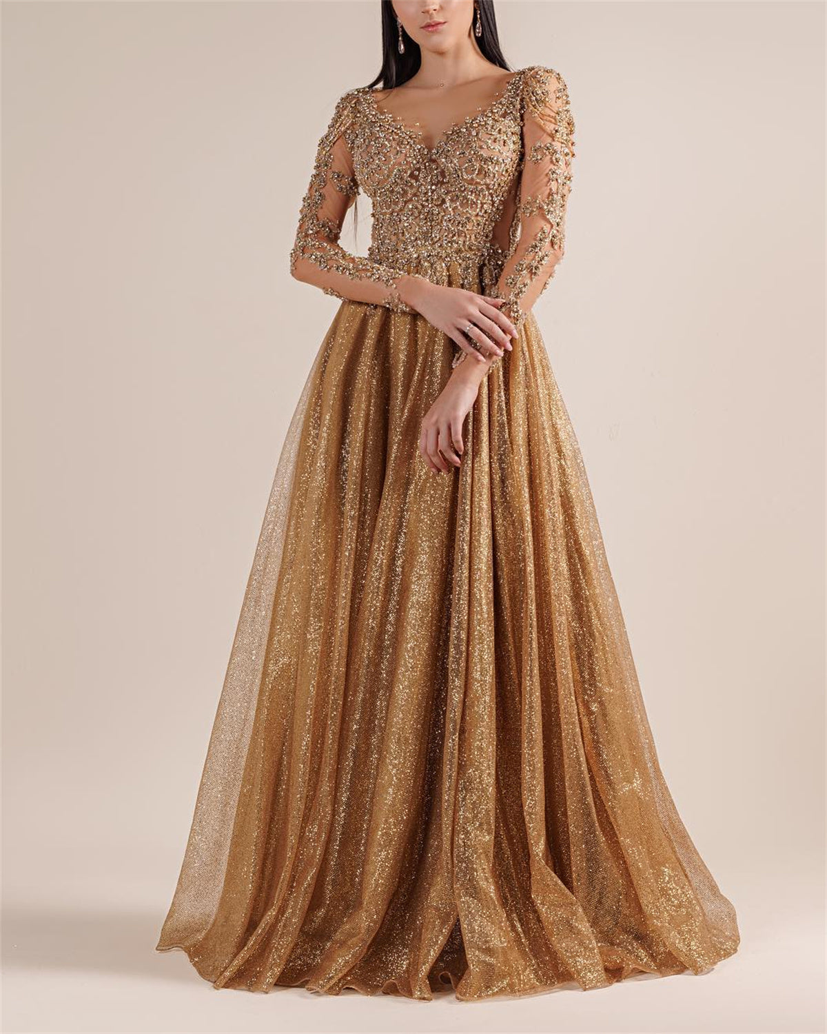 Women's V-neck Long Sleeve Mesh Sequin Dress - 01
