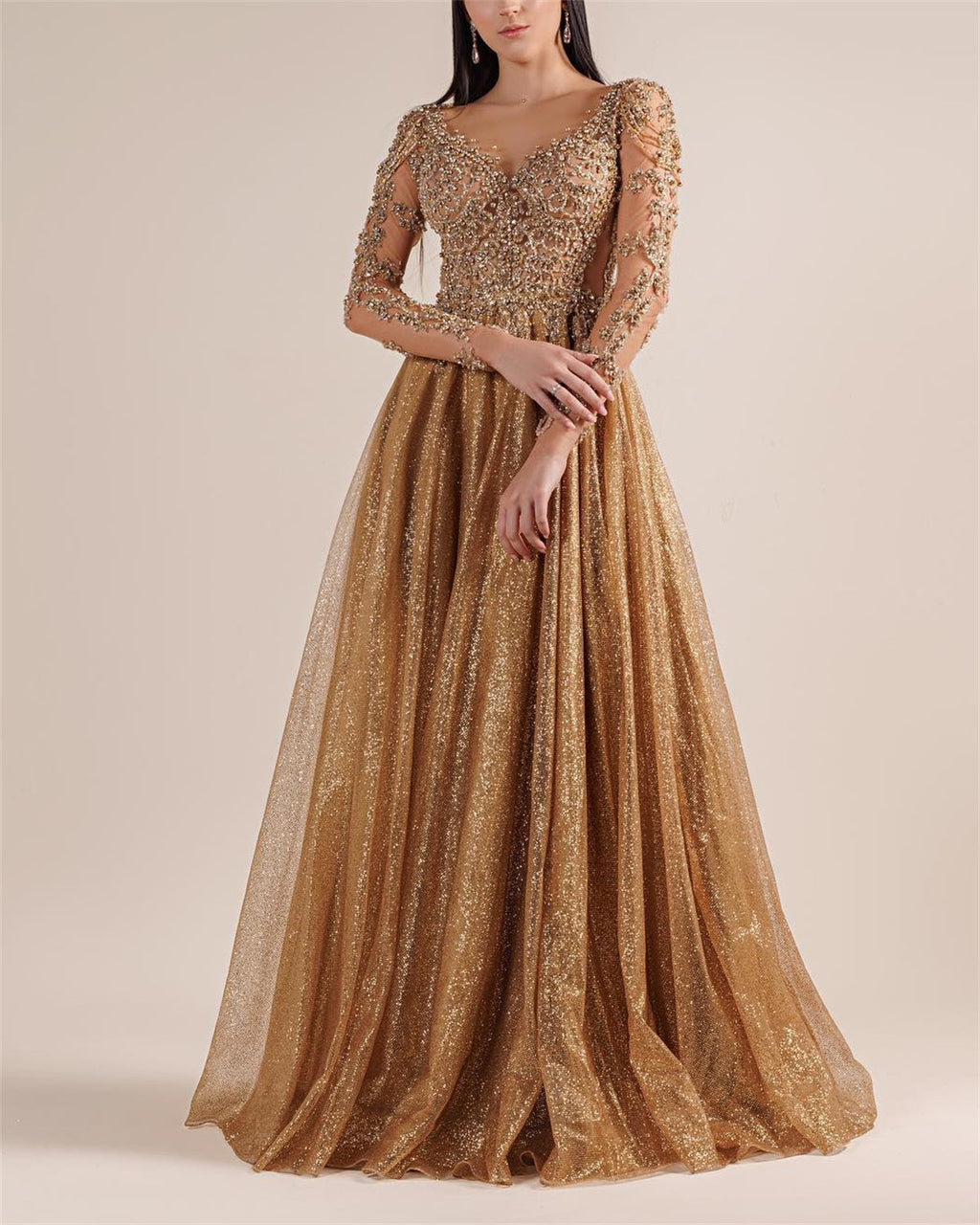 Women's V-neck Long Sleeve Mesh Sequin Dress