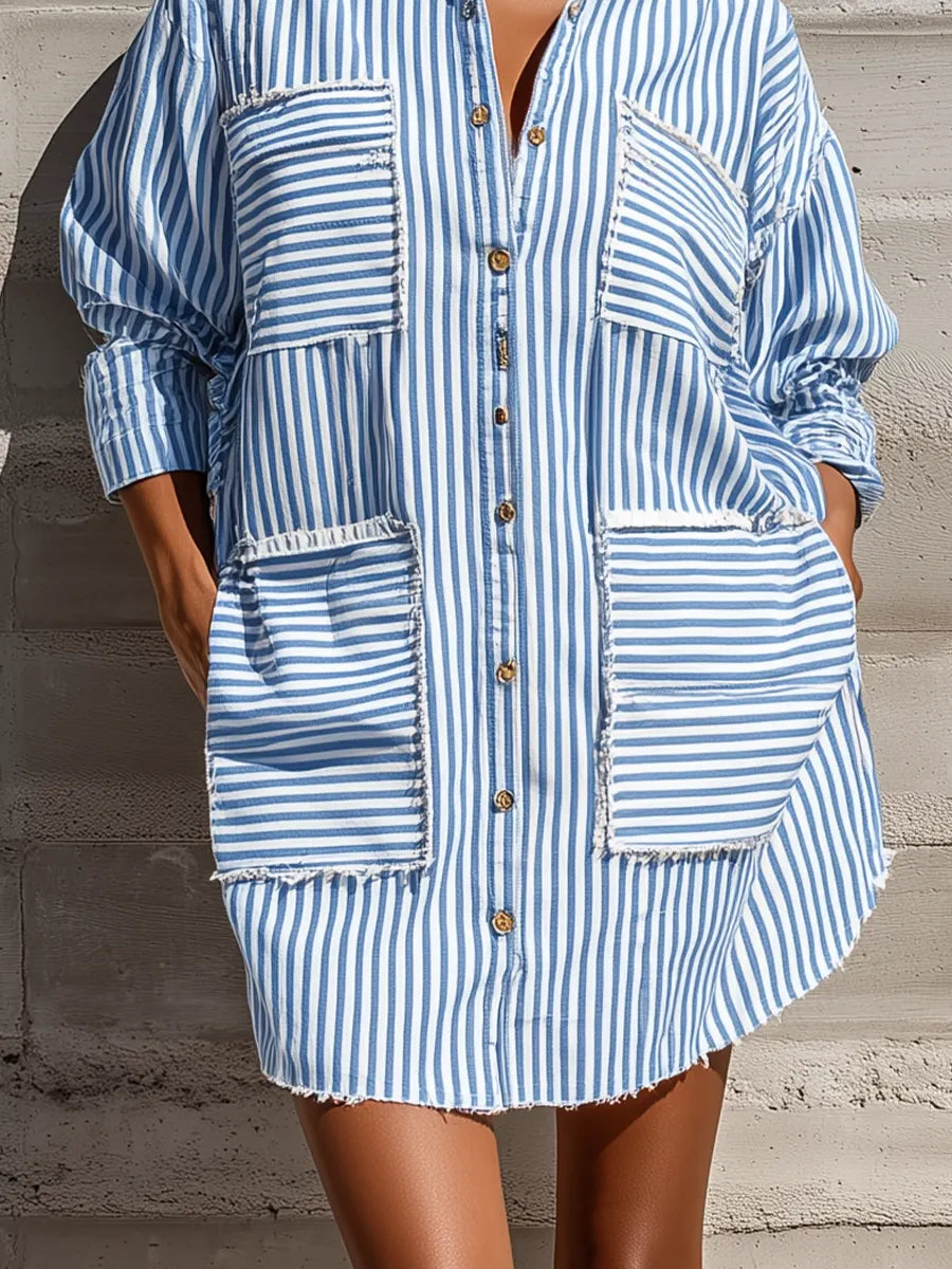 Women's Blue White Vertical Stripe Frayed Trim Collared Long Sleeve Multi Pocket Oversized Mini Shirt Dress MDZ1631G9YZJ
