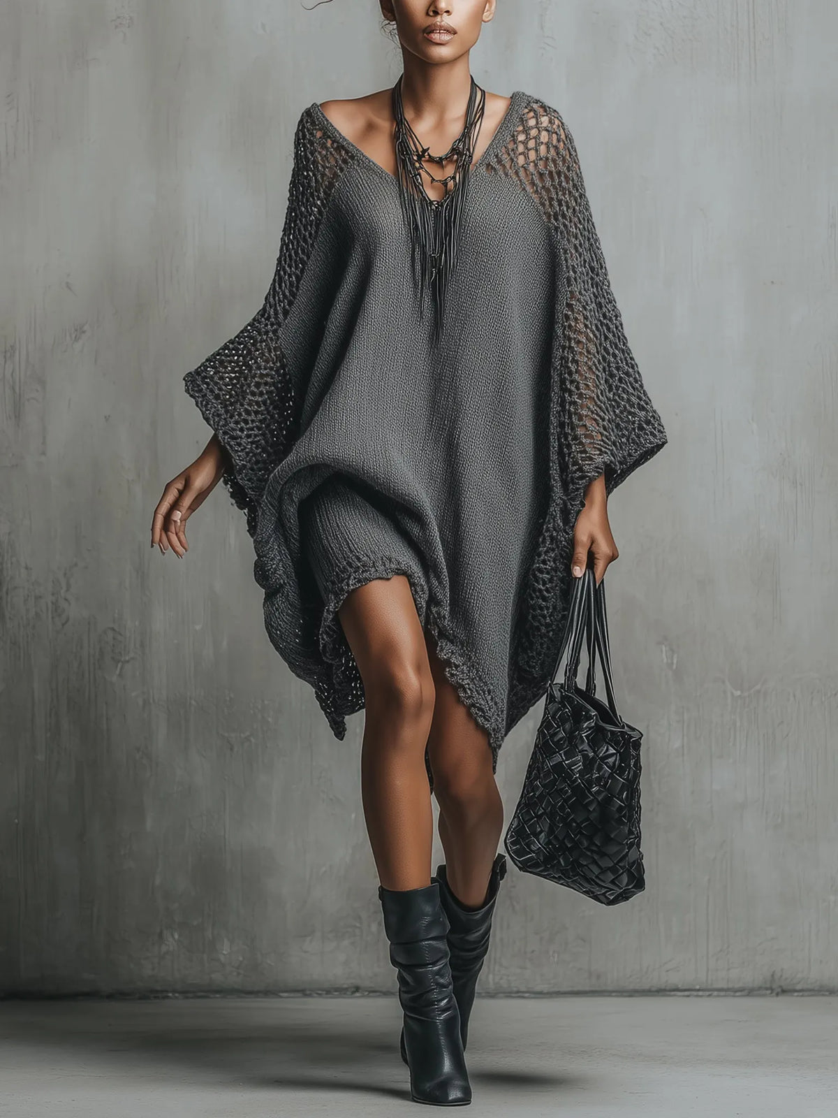 Gray Oversized Open Knit Midi Dress