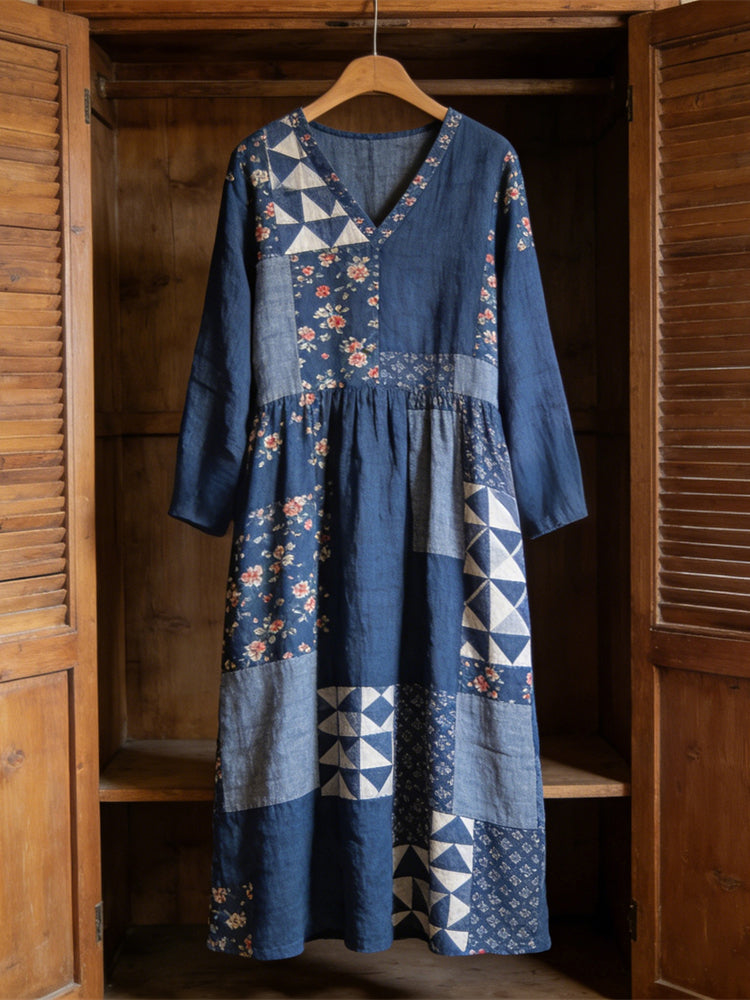 Japanese Floral Geometric Patchwork Women's Linen V-neck Maxi Dress